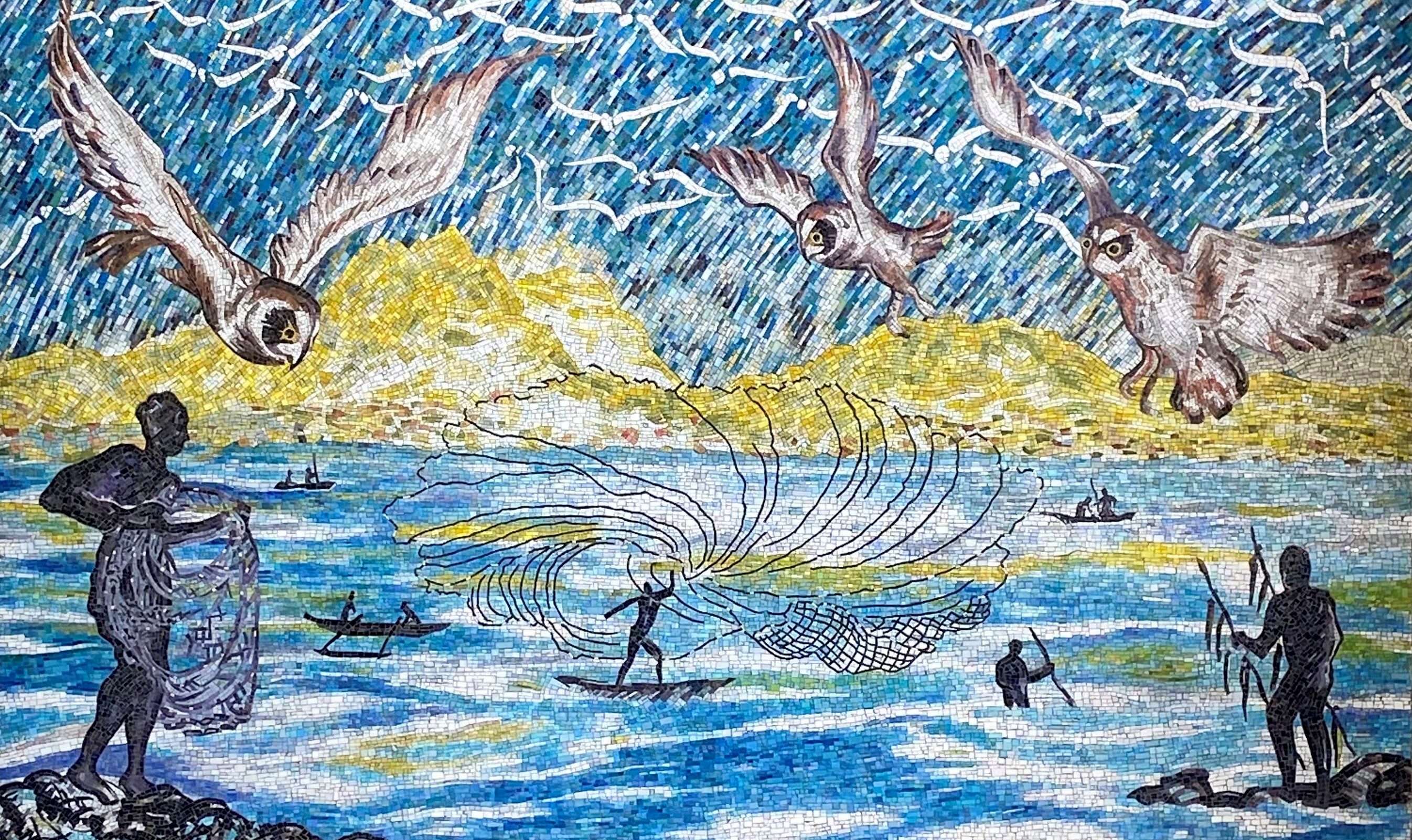 Ka Huina Pueo Ma Kewalo mosaic by Carol Yotsuda at Āhua Rail Station, depicting fishing at Mokauea and pueo gathering overhead.