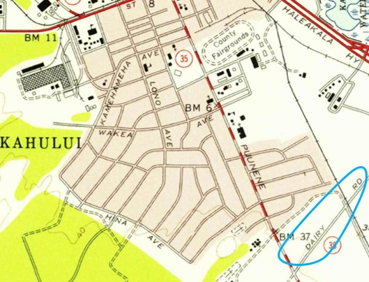 1955 U.S. Coast and Geodetic Survey map of Kahului and Puʻunēnē showing Dairy Road, highlighted in blue.