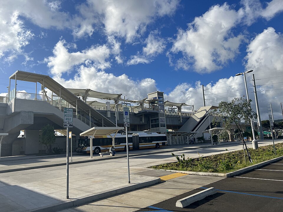 Hālawa Rail Station as viewed from the parking lot.