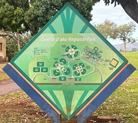 Map and entrance signage at Patsy T. Mink Central Oʻahu Regional Park in Waipio