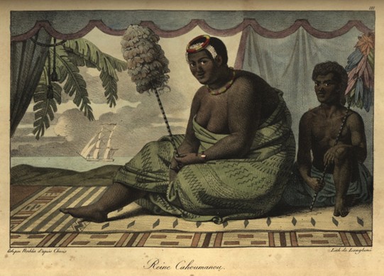 Queen Kaʻahumanu with her servant, lithograph by Jean-Pierre Norblin de la Gourdaine after Louis Choris, 1822