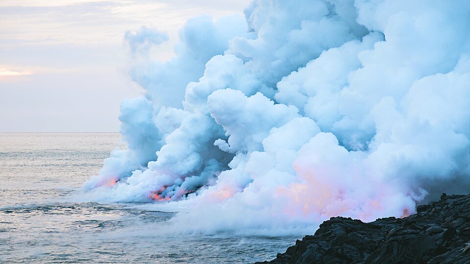 Lava meets ocean on the coastline near Kalapana and Kaimū.