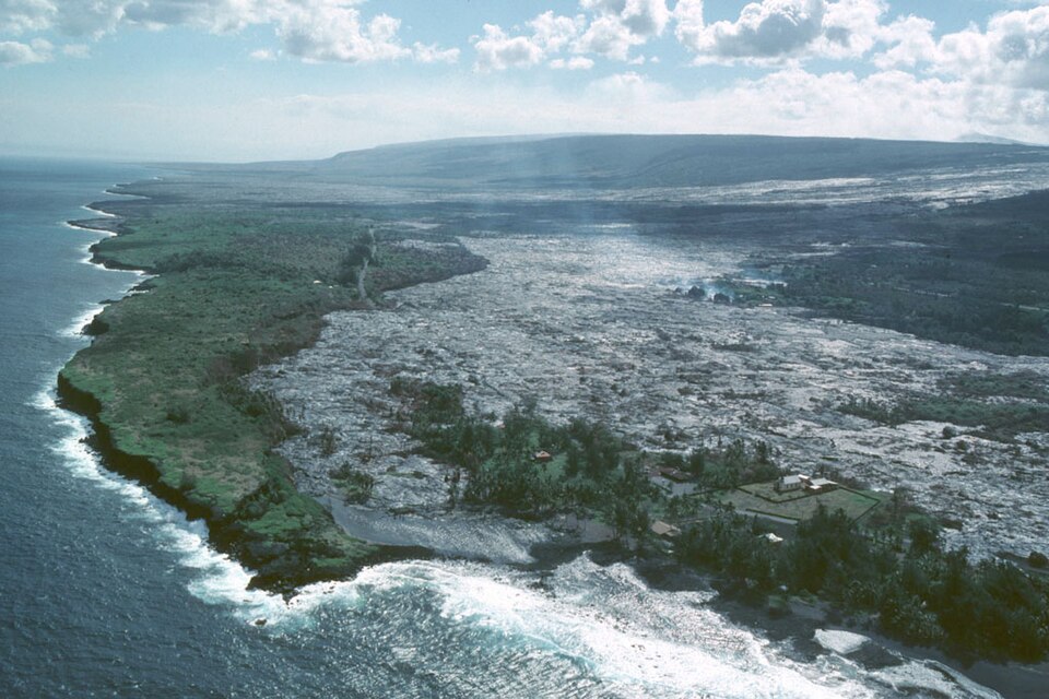 Lava covering roads and former residential land in Kalapana.
