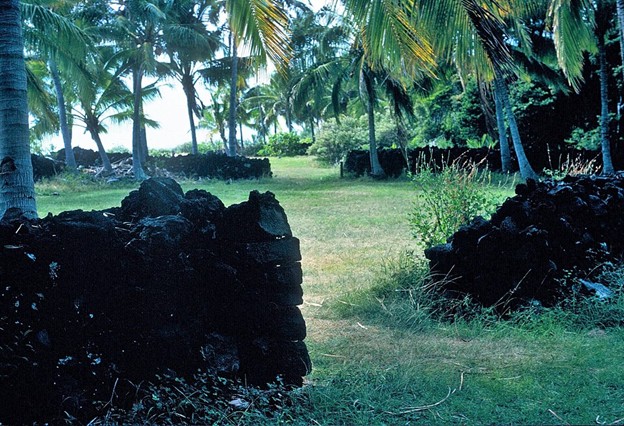 Archive view of Wahaʻula Heiau on the coast of Hawaiʻi Volcanoes National Park before burial by lava